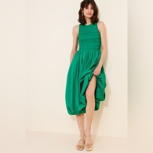 Madewell Melody Bubble-Hem Smocked Midi Dress in Poplin Verdant Green NEW Size L